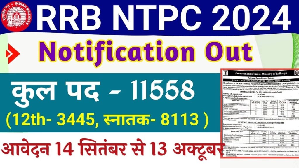 Railway NTPC Vacancy: रेलवे एनटीपीसी भर्ती का 11558 पदों पर 12वीं पास के लिए नोटिफिकेशन जारी